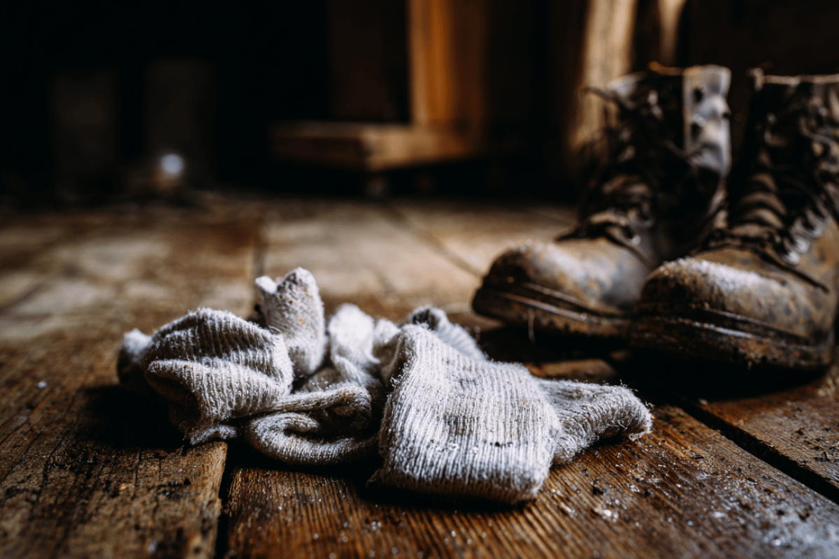 Wet cotton socks next to wet boots
