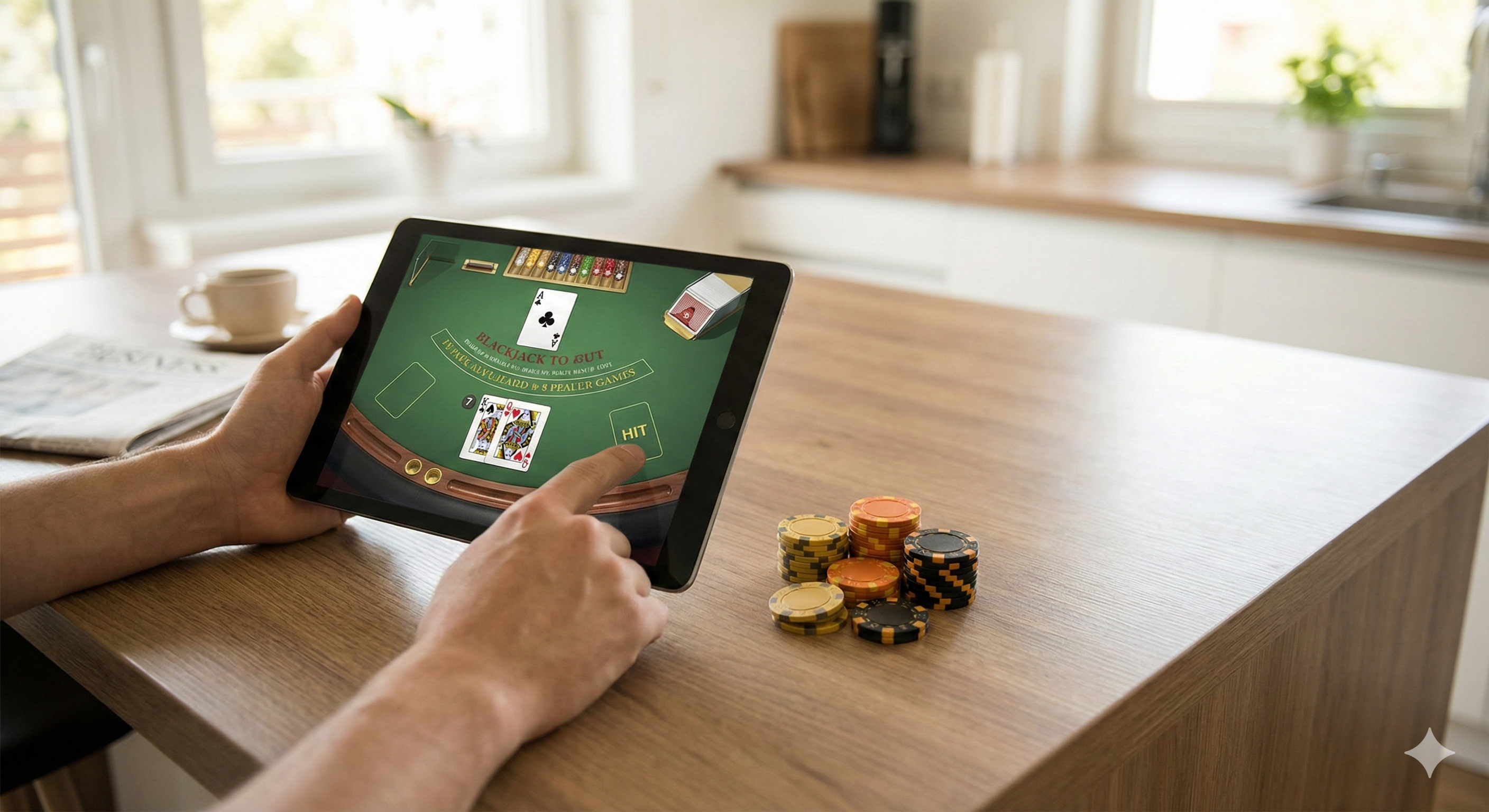 Online blackjack spelen op tablet, speler die blackjack speelt aan tafel met casinofiches, voorbeeld van digitaal casino kaartspel.