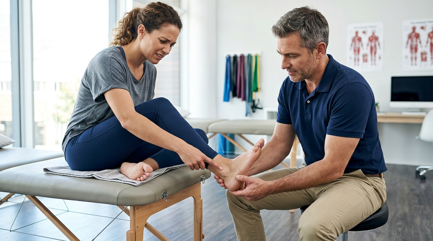 Physical therapist examining a patient's foot and ankle during an appointment
