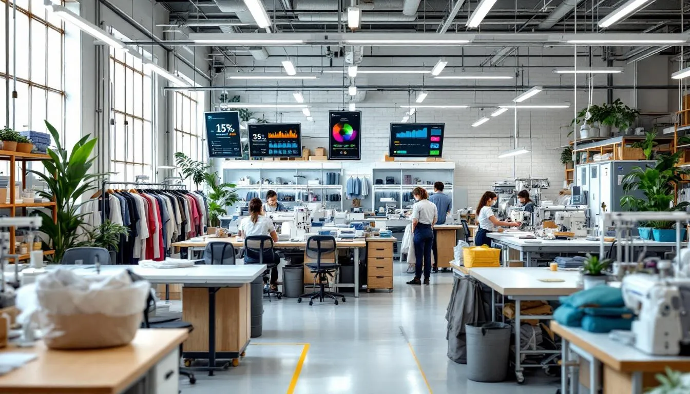 In this image, a vibrant circular fashion economy is depicted, showcasing the clean production processes and transparent value chains of the fashion industry. The scene highlights new garments made from recycled materials, emphasizing sustainable practices that minimize waste and contribute to social equity and climate resilience.