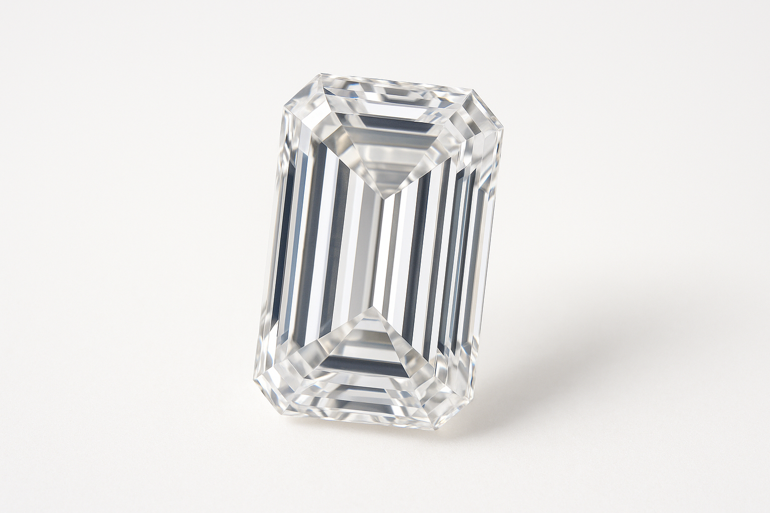 Emerald cut (stačiakampio pailgos formos) deimantas ant balto fono, ryškiai matomos briaunos ir spindesys, sušvelnintas natūraliu apšvietimu