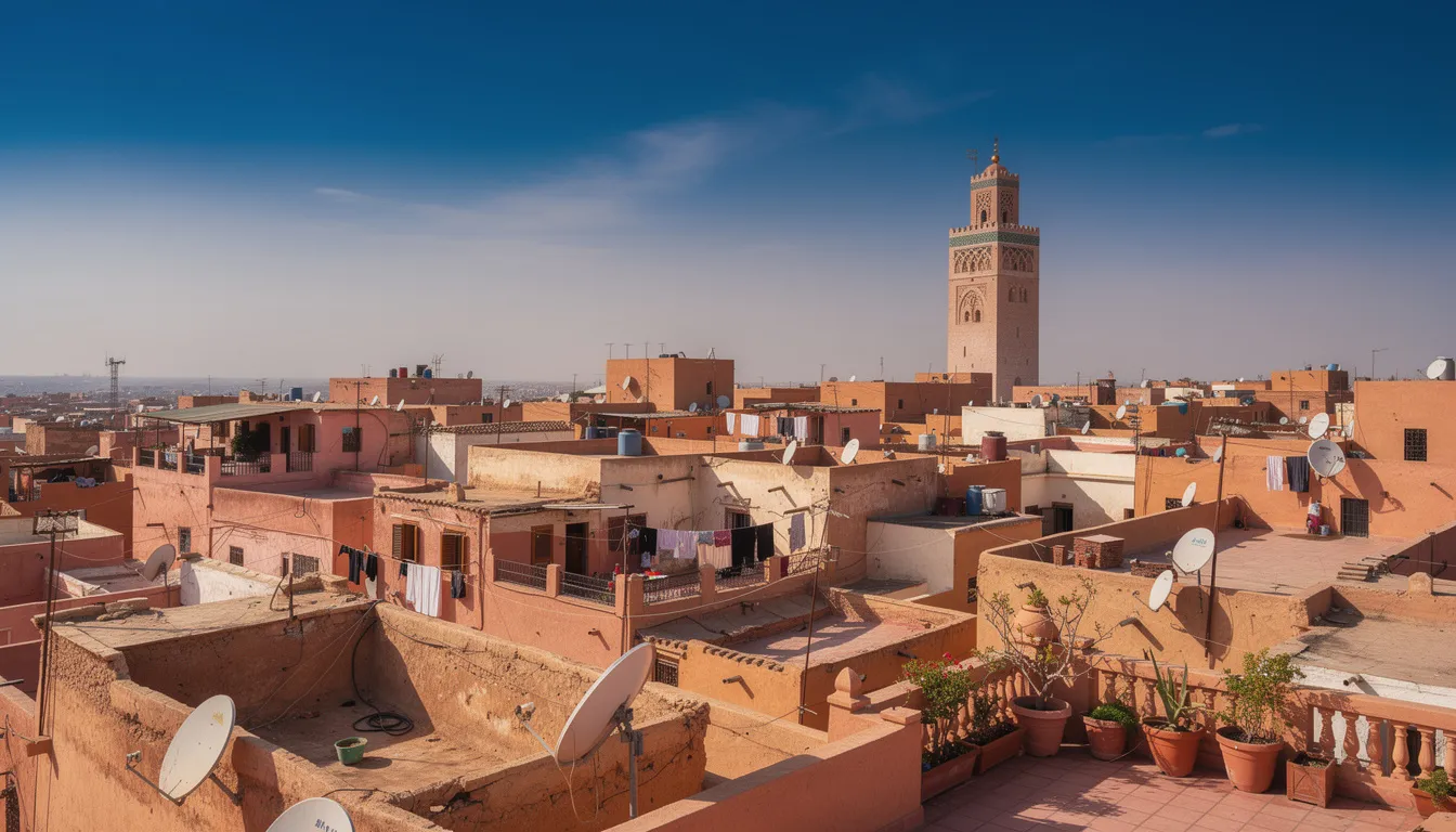 A panoramic view showcases the rooftops of the vibrant Marrakech medina, with the iconic Koutoubia Mosque minaret rising prominently against a clear blue sky, embodying the essence of Moroccan culture and history. This picturesque scene invites travelers to explore the bustling souks and experience the magic of Marrakech on their next adventure.
