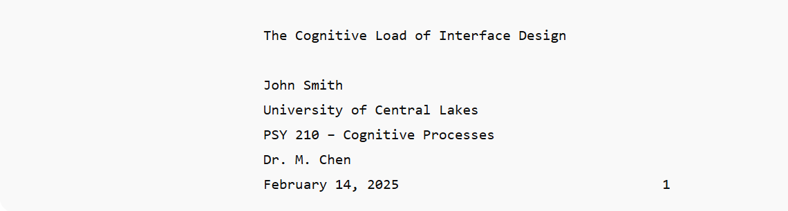APA 7 Student Title Page — ASCII Layout