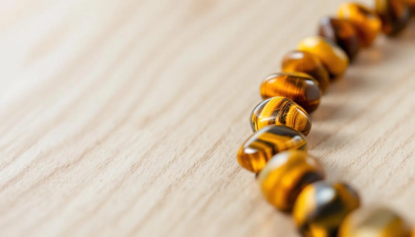 The image features a polished Tiger's Eye stone, known for its healing properties, particularly in boosting confidence and courage. Surrounding it are various healing crystals like rose quartz and clear quartz, symbolizing emotional balance and positive energy, creating a serene and nurturing atmosphere.