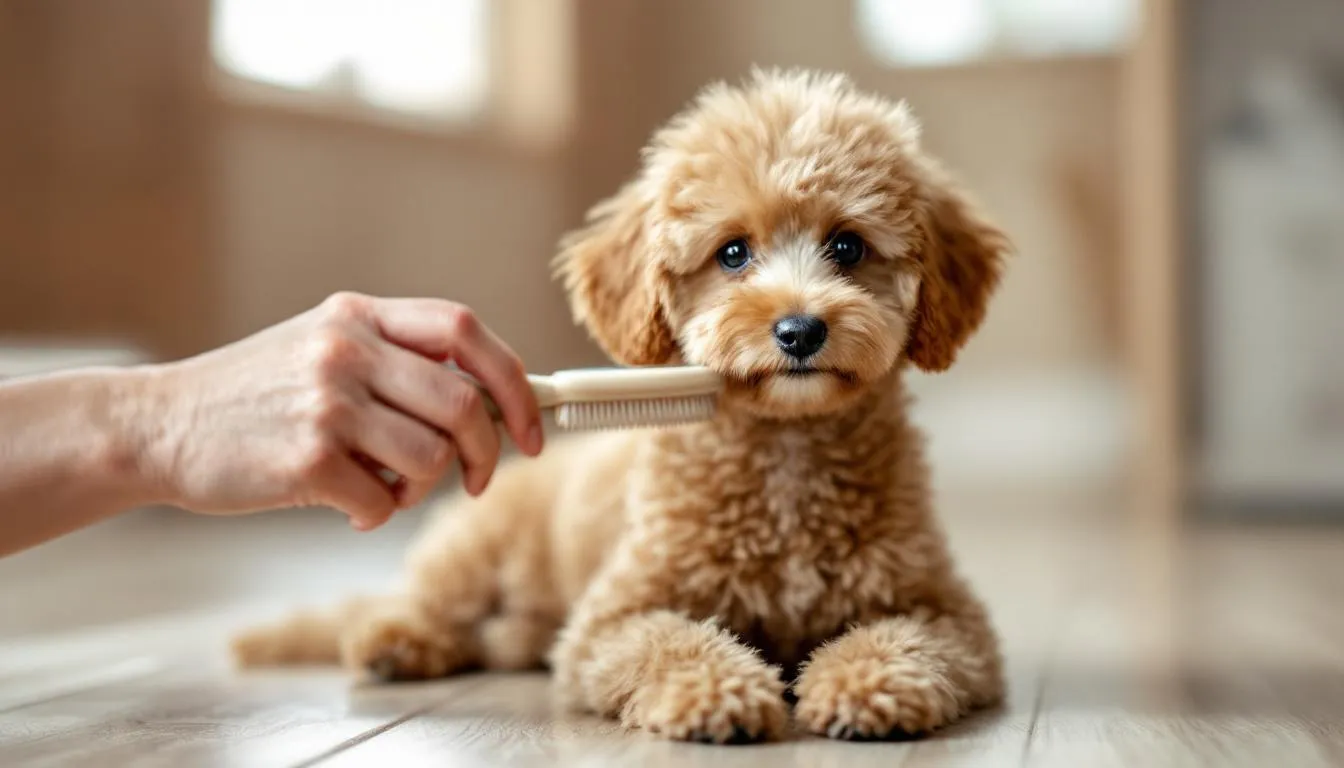 A small teacup poodle is being gently brushed by caring hands, highlighting the grooming process that keeps this adorable dog looking its best. The scene emphasizes the importance of regular brushing for maintaining the health and appearance of these affectionate, low-shedding dogs.