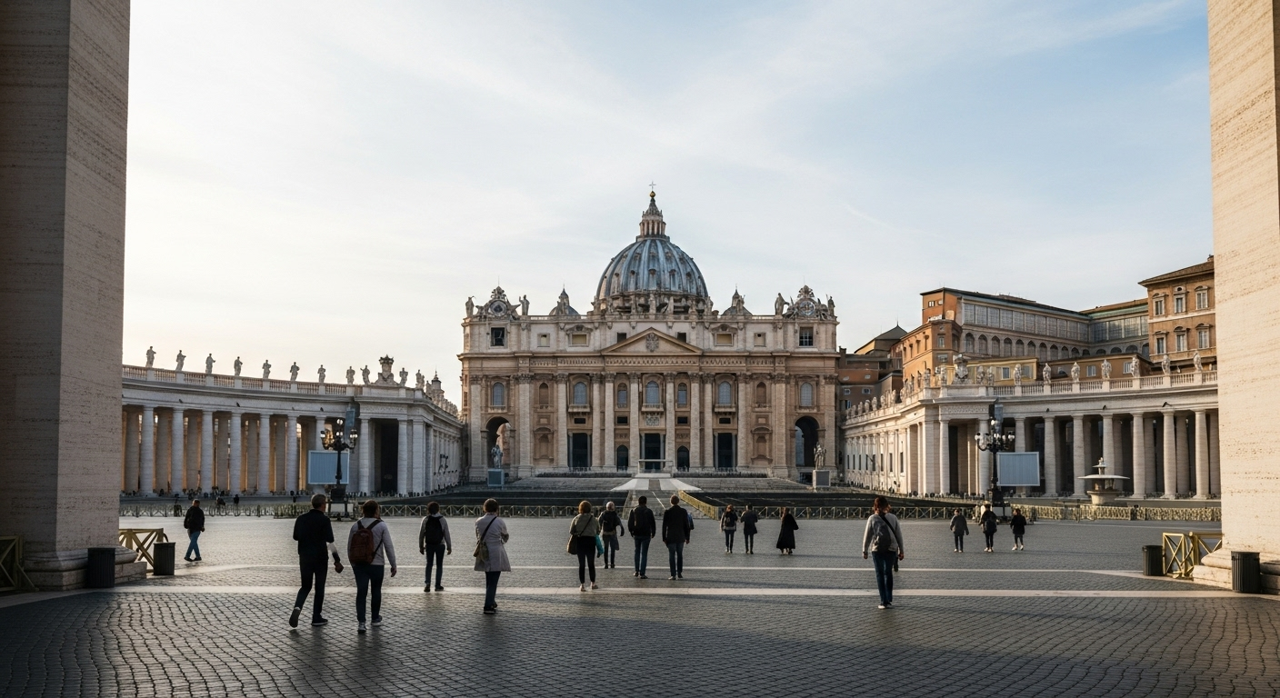 Early morning view of St. Peter’s Basilica and St. Peter’s Square in Vatican City, with a few visitors crossing the open space in soft natural light.