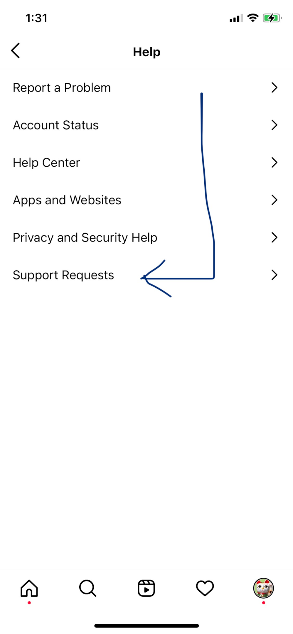 Screenshot of support requests