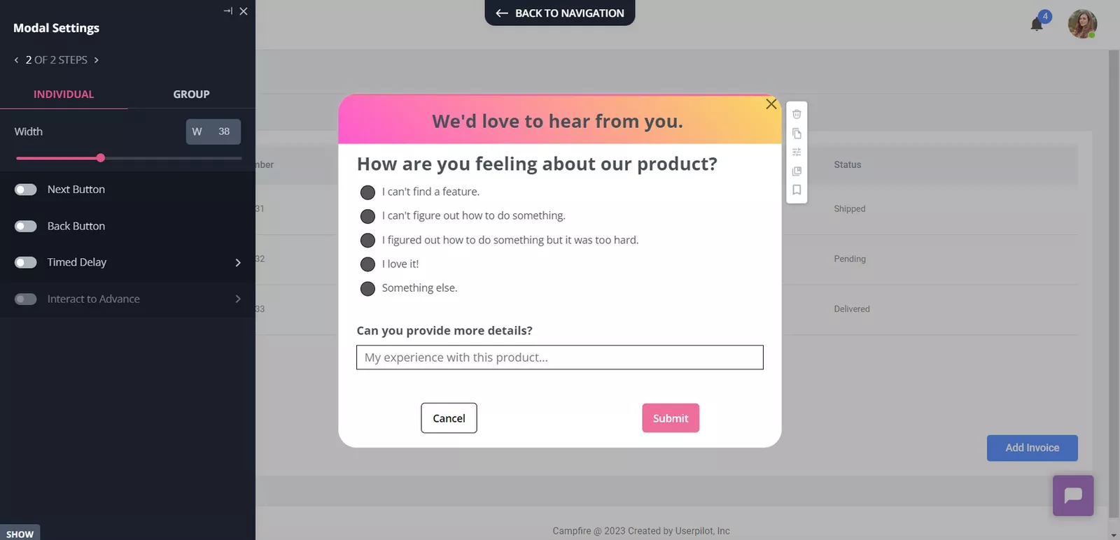 experience survey built with userpilot