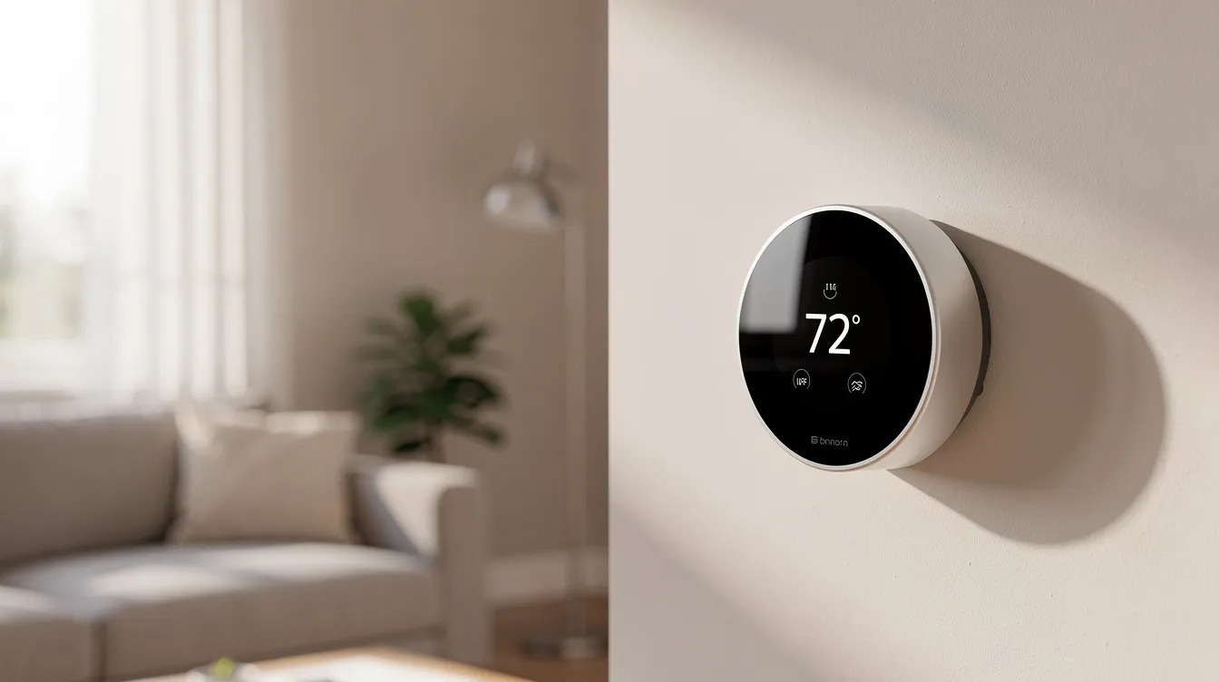 The image features a modern smart thermostat mounted on the wall of a stylish living room, designed to optimize energy efficiency for the central air conditioning system. This device allows for precise temperature control, potentially reducing energy bills and enhancing indoor air quality.