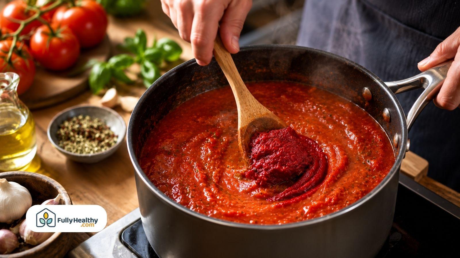 Adding tomato paste into simmering pasta sauce for a richer thicker texture naturally