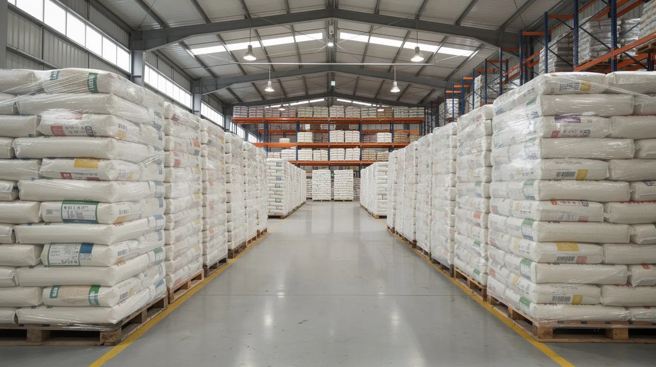c59176cf 6d0c 4704 a04b 1f8117c9788d The image depicts the interior of a warehouse filled with neatly stacked bags of processed rice products on pallets, showcasing the organized storage necessary for a rice mill business. This setup highlights the importance of efficient rice processing and the management of operational costs within the rice mill project.