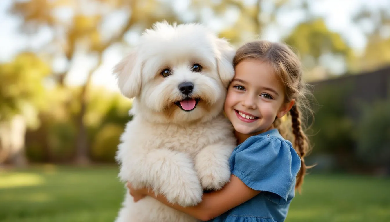 A joyful Löwchen dog, often referred to as a "little lion dog," is being lovingly held by a smiling child. The dog's soft, wavy coat and affectionate nature highlight its status as a popular companion in many households.