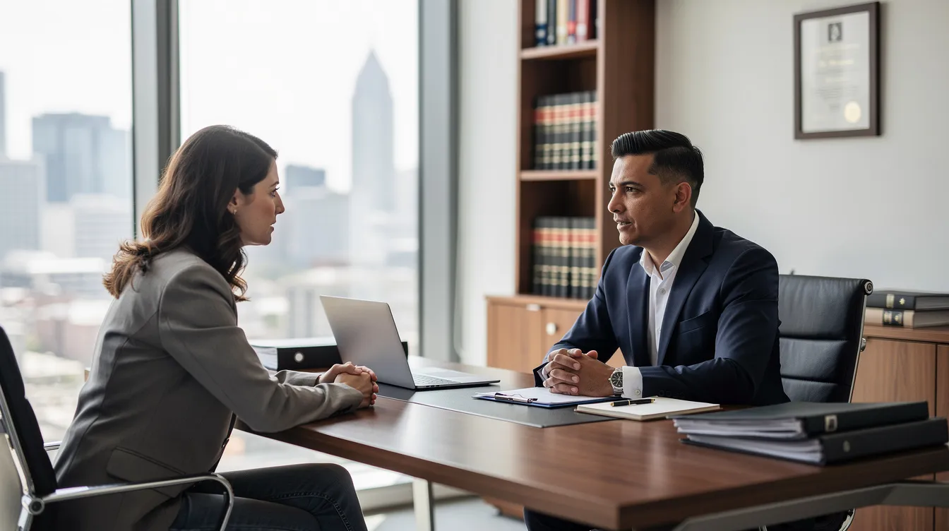 A professional attorney is meeting with a client in an office setting, discussing details related to the client's social security disability claim. The attorney is reviewing necessary documentation and medical records to assess the client's eligibility for SSDI benefits due to a qualifying disability that significantly limits their ability to engage in substantial gainful activity.
