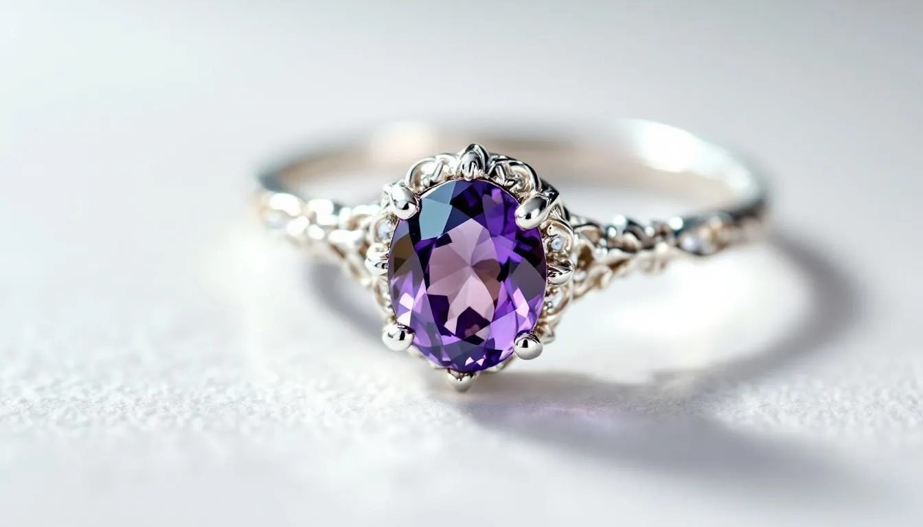 The image showcases elegant February birthstone jewellery featuring stunning amethyst gemstones in various styles, including rings, earrings, and necklaces. The rich purple colour of the amethyst symbolizes wisdom and protection, making it a meaningful gift for those celebrating February birthdays.
