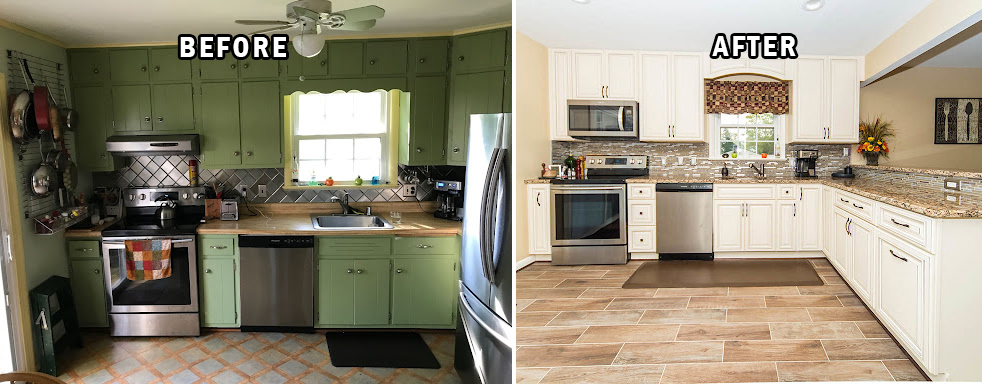 Before and after image of a kitchen remodeling using white cabinets