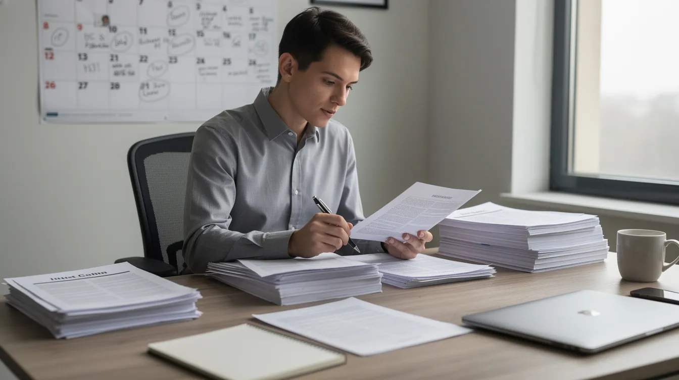 A person is sitting at a desk, reviewing documents related to a workers compensation claim, with papers and a calendar visible. This scene reflects the process of managing a work-related injury and navigating the claims process for medical benefits and compensation.