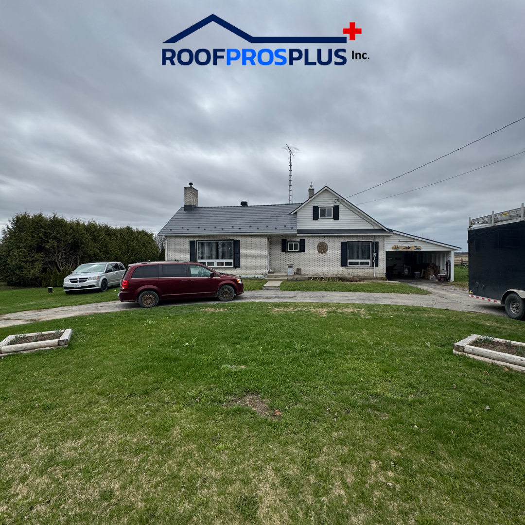 A house featuring a metal roof installed by Roof Profs Plus, surrounded by lush green grass and vehicles in the driveway.
