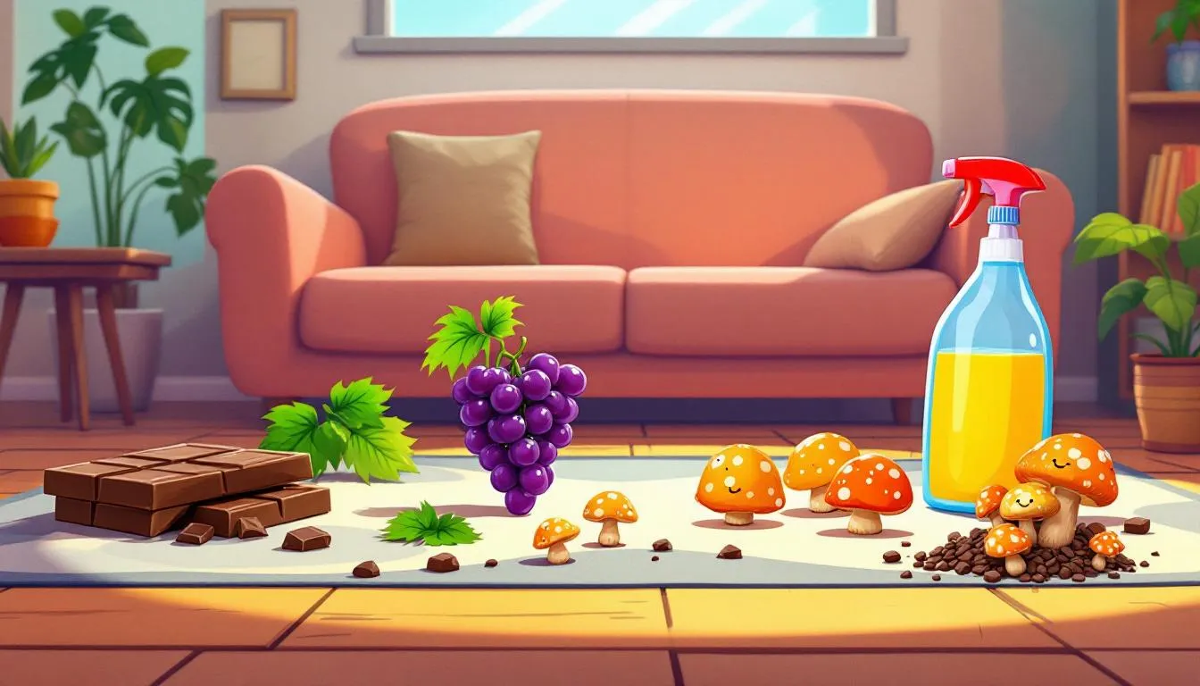 A collection of common household items that are dangerous for pets, including chocolate and grapes.