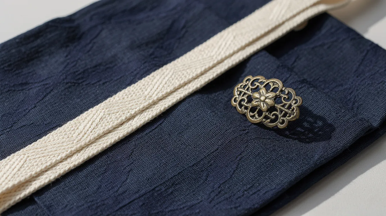 The image features a flat, narrow ivory-colored sanada himo cord laid beside a small decorative metal brooch on a folded piece of indigo fabric, highlighting the beauty of traditional Japanese craftsmanship. This arrangement represents elements of Japanese culture, often associated with kimono and tea utensils, showcasing the intricate patterns and textures of these items.