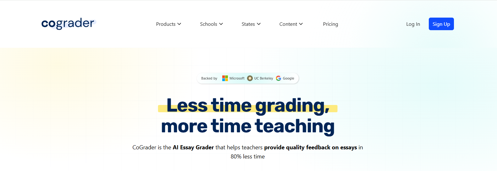 CoGrader AI essay grader homepage showcasing automated essay feedback to help teachers spend less time grading and more time teaching