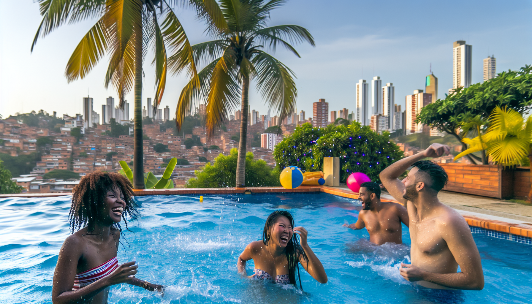 A group of friends celebrating at a pool party in Medellin