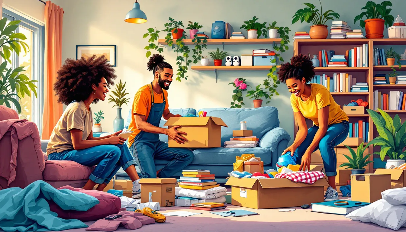 A group of friends helping each other declutter a home, showing support and teamwork.