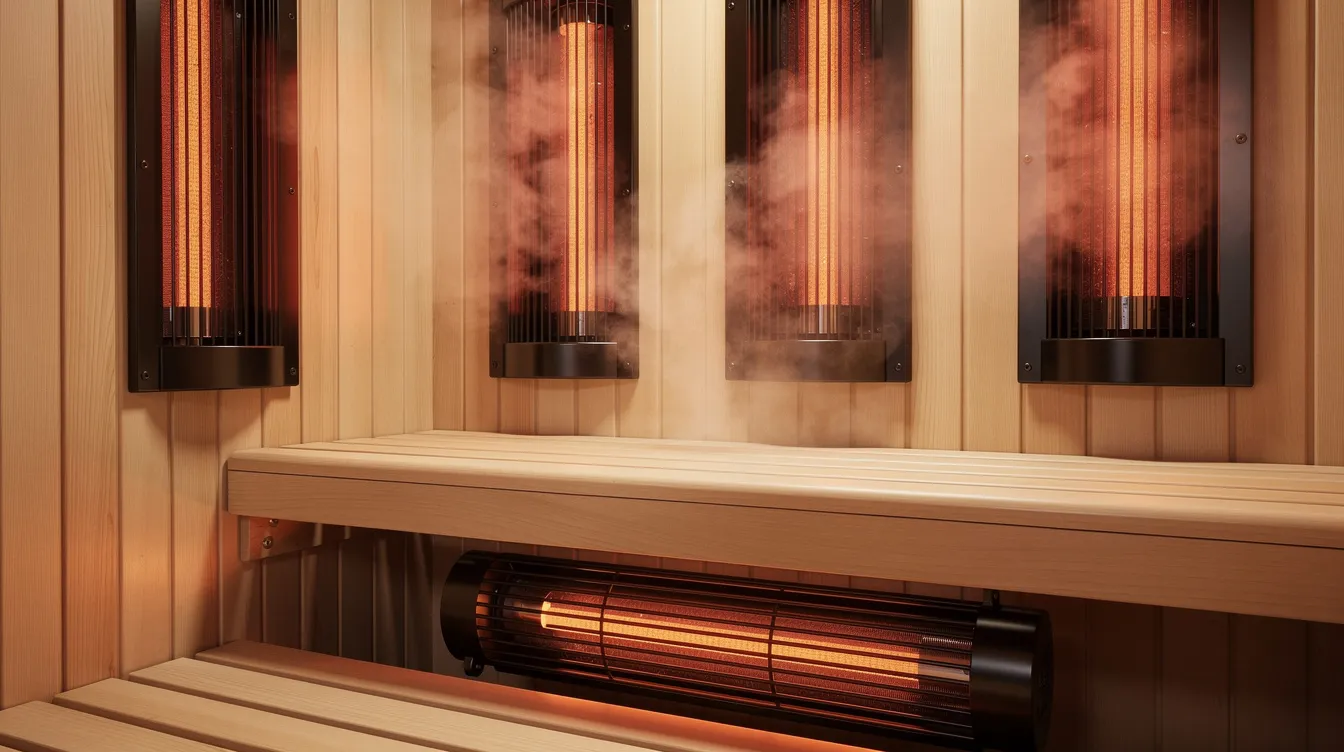 A close-up interior view of a sauna reveals a wooden bench with heater panels strategically positioned at multiple heights, including calf level, designed to maximize infrared heat efficiency. This setup enhances the sauna experience by delivering radiant energy directly to the body, promoting relaxation and wellness during sauna sessions.