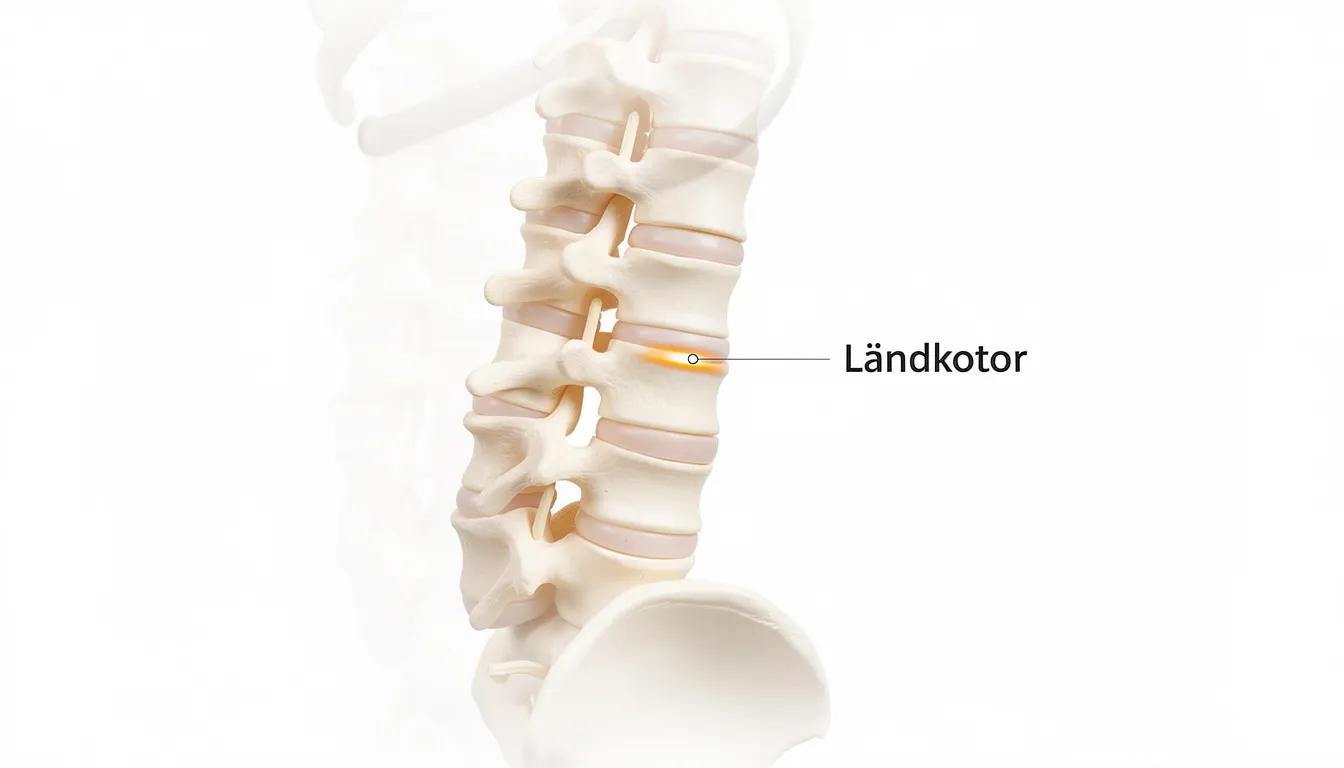 En anatomisk modell av ryggraden som fokuserar på ländkotorna, där man kan se hur diskbråck i ländryggen kan orsaka ont i ryggen och smärta som strålar ner i benen. Modellen visar även hur nedsatt känsel kan uppstå kring nedre delen av ryggen hos patienter med diskbråck.