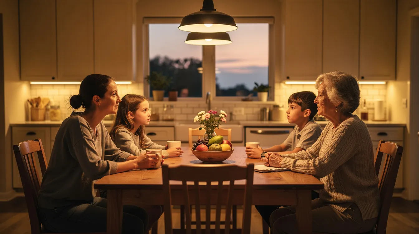 A family is gathered around a kitchen table, engaged in a warm discussion in their cozy home environment. The scene captures the essence of communication and support, reminiscent of educational leadership, where parents encourage their children to explore and thrive in their learning journey.
