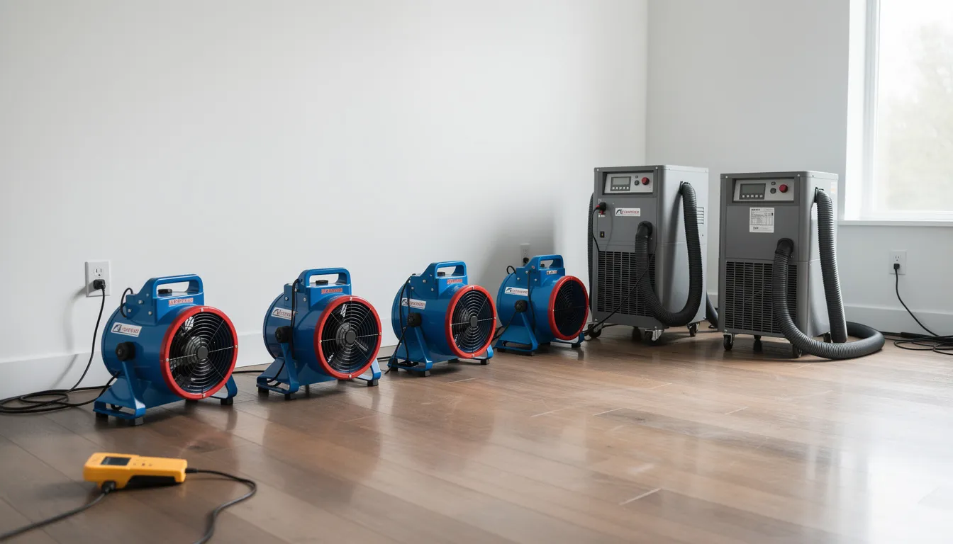 The image depicts professional restoration equipment, including air movers and dehumidifiers, set up in a room to address water damage from issues like burst pipes or appliance leaks. This advanced equipment is essential for the water damage restoration process, helping to remove standing water and prevent mold growth in affected areas.
