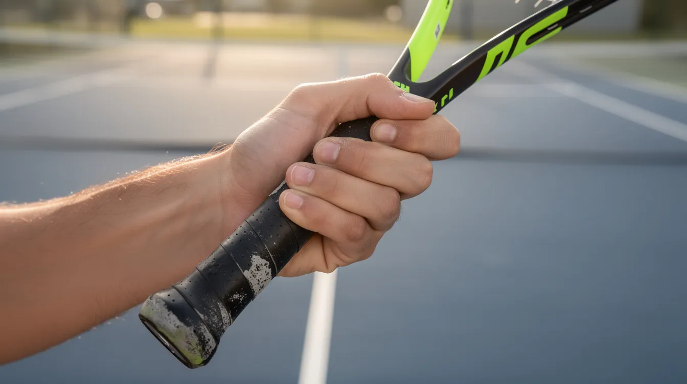 The image shows a close-up of a hand gripping a tennis racket in a continental grip position, ready to execute a kick serve. The focus on the hand highlights the proper grip technique essential for generating topspin and achieving an effective kick serve.