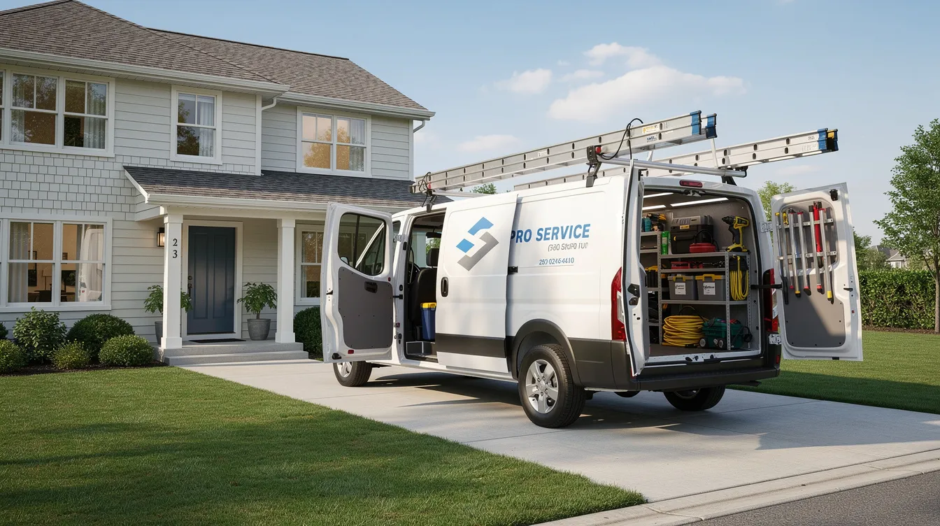 A service van equipped with tools and equipment is parked in a residential driveway, indicating the presence of real estate professionals conducting property management or home inspection services. This scene reflects the operational aspect of service-based franchises within the real estate sector.
