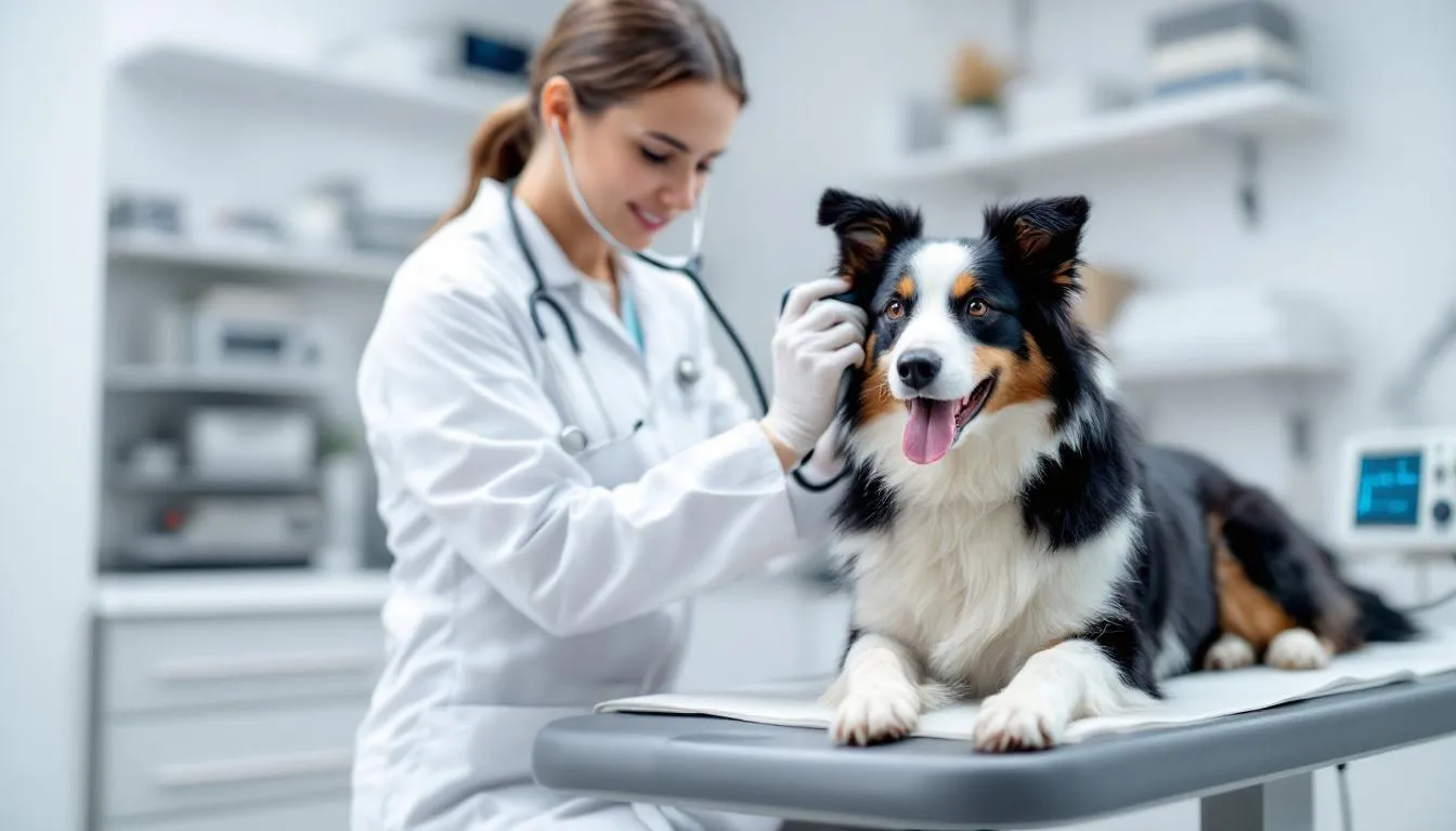 In a modern veterinary clinic, a veterinarian is using specialized cardiac equipment to examine a border collie, checking for signs of heart murmurs and potential underlying heart disease. The dog