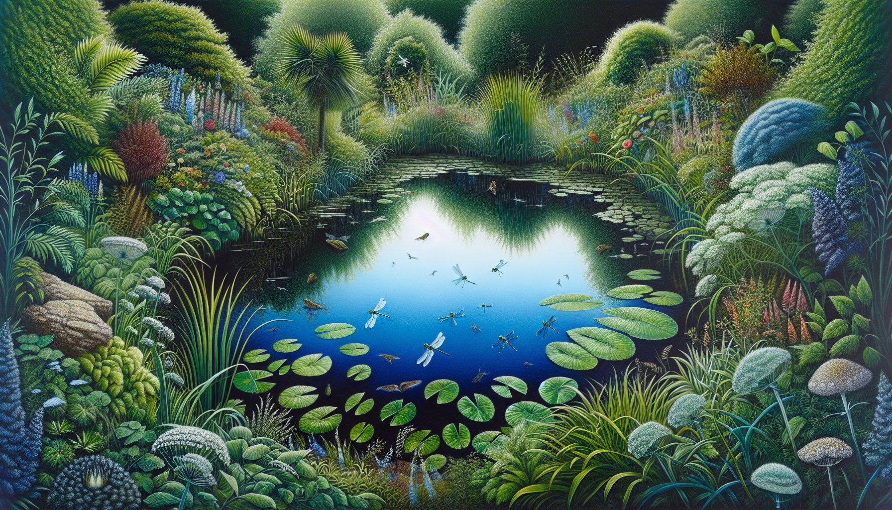 Tranquil pond with surrounding vegetation