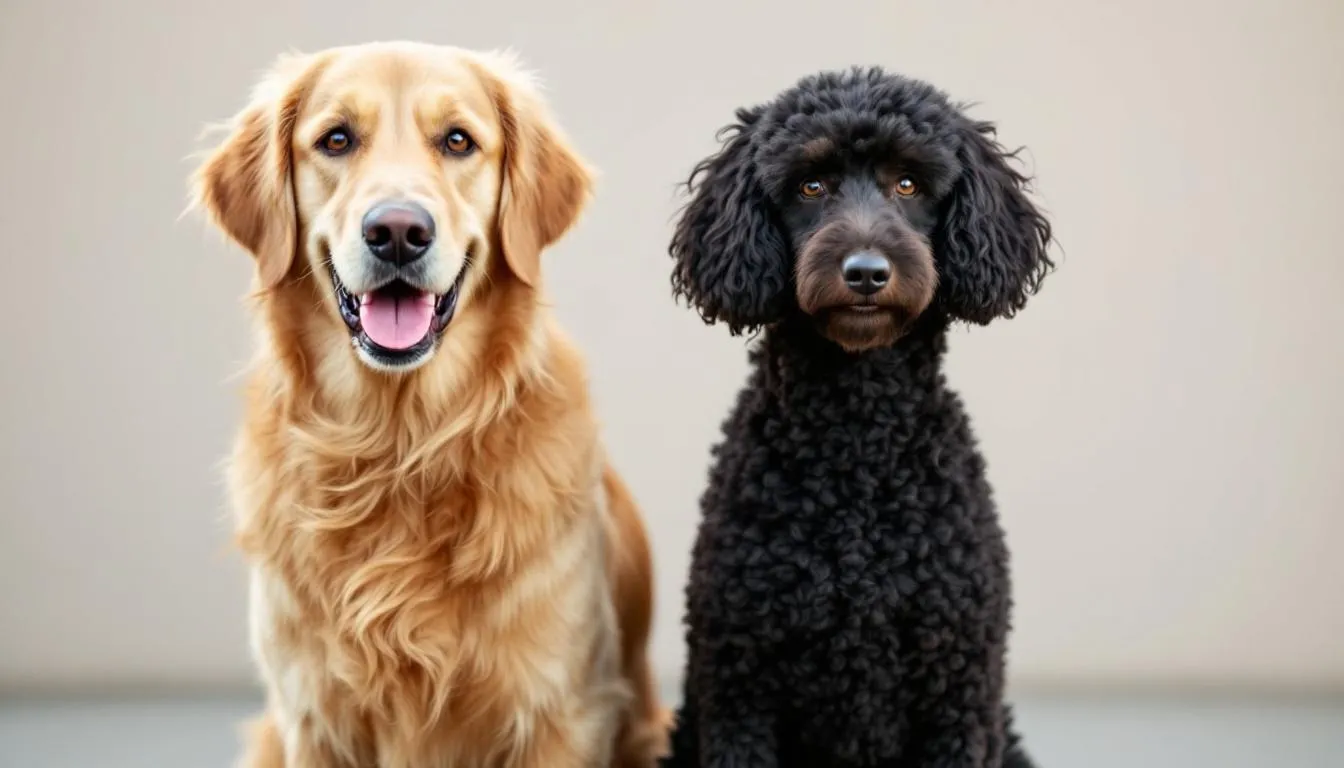 In the image, a Golden Retriever and a Standard Poodle stand side by side, showcasing the two parent breeds of the Goldendoodle. Their distinct features highlight the adorable mix that results in Goldendoodle puppies, known for their intelligence and friendly nature.