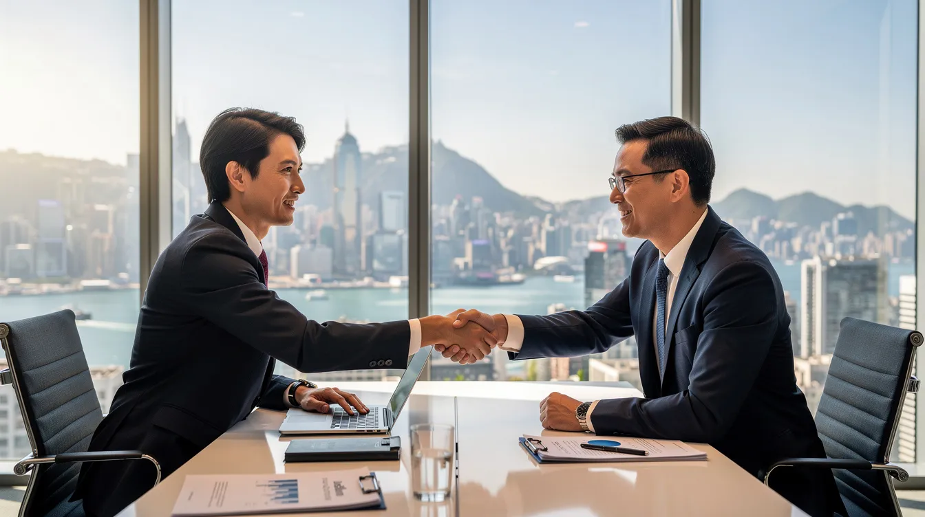 專業顧問與客戶在香港現代辦公室桌前握手,象徵成功的財務服務合作與信任。
