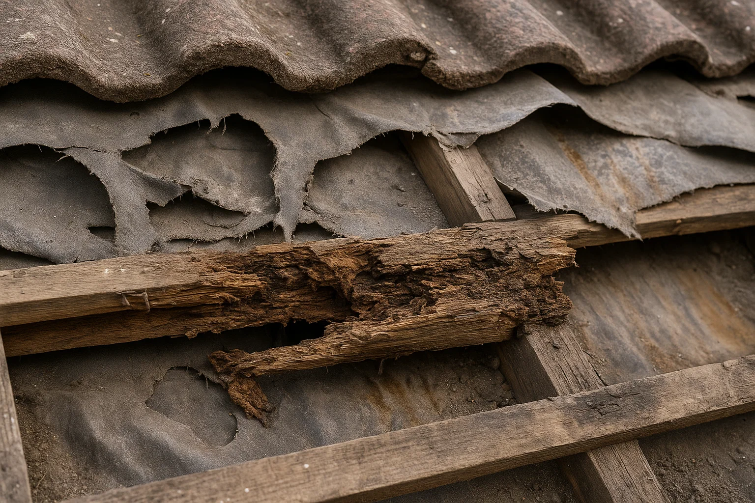Hidden roof damage including rotten timber and damaged underlay beneath roof tiles