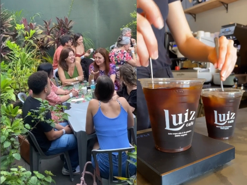 Clientes à mesa e cafés cold brew do Luiz Café Conceito. Imagens: Reprodução Instagram.
