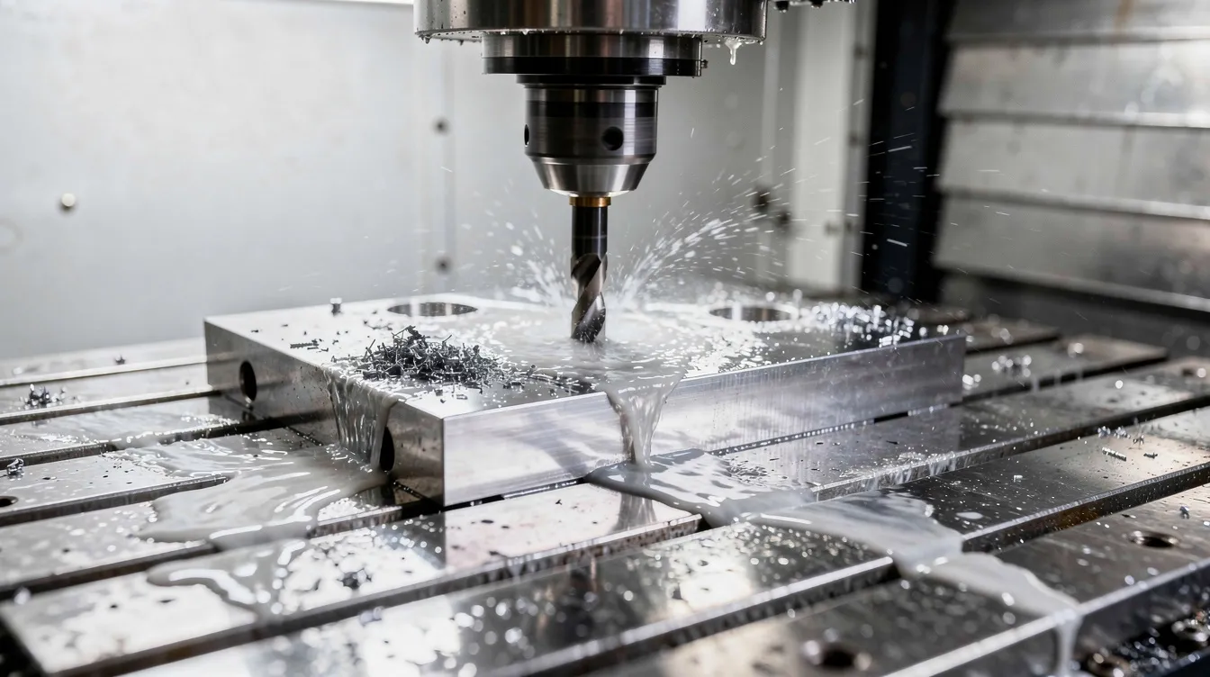 The image shows a close-up view of a CNC machining center's interior, featuring a high-quality spindle and a worktable equipped with T-slots, as a metal workpiece is being cut with coolant flowing to ensure precision machining. The scene highlights key components such as the CNC controller and the automatic tool changer, emphasizing the machine's capability for consistent cutting and complex jobs.