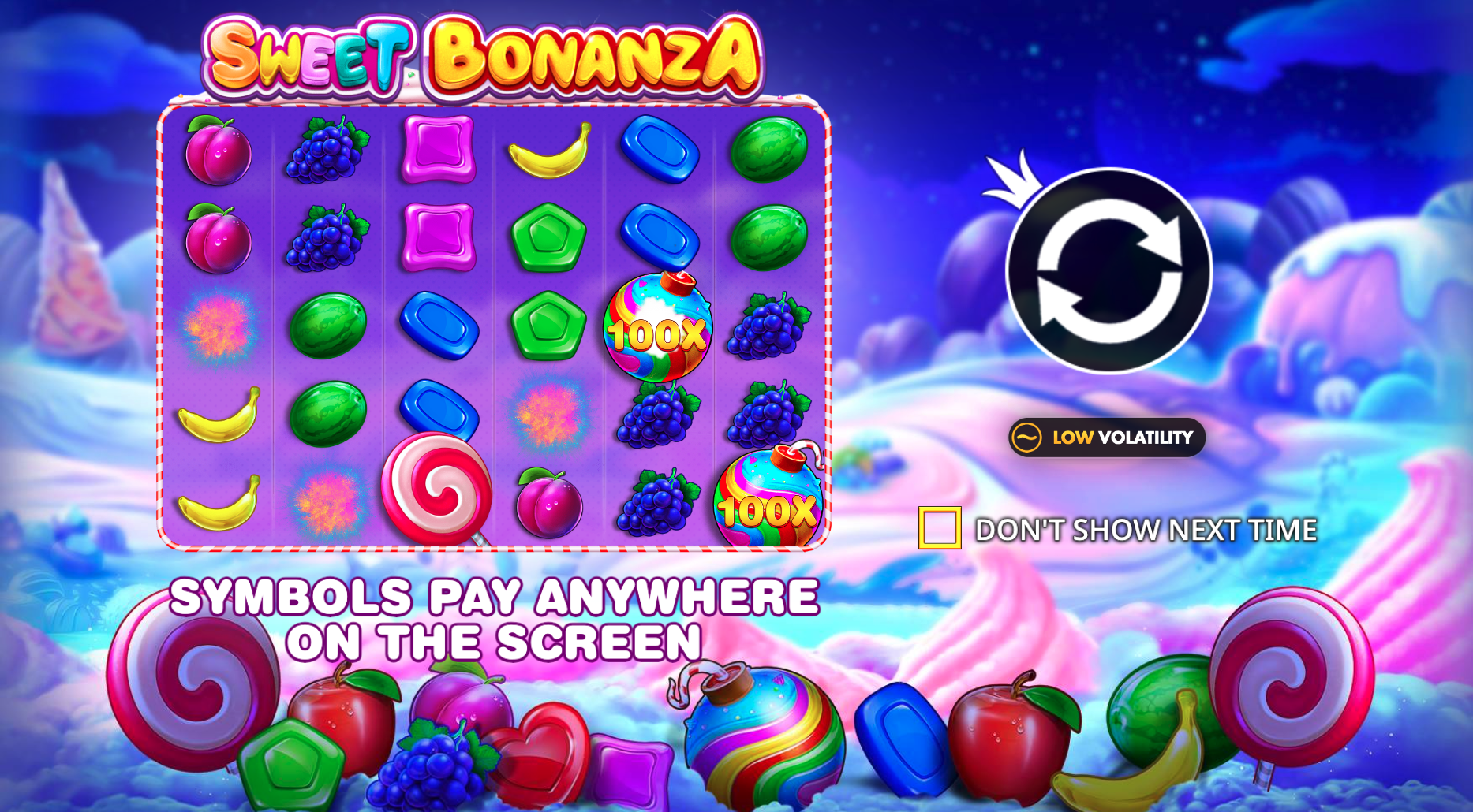 Sweet Bonanza gokkast met kleurrijke symbolen, 100x multipliers en het Scatter Pays-mechanisme.