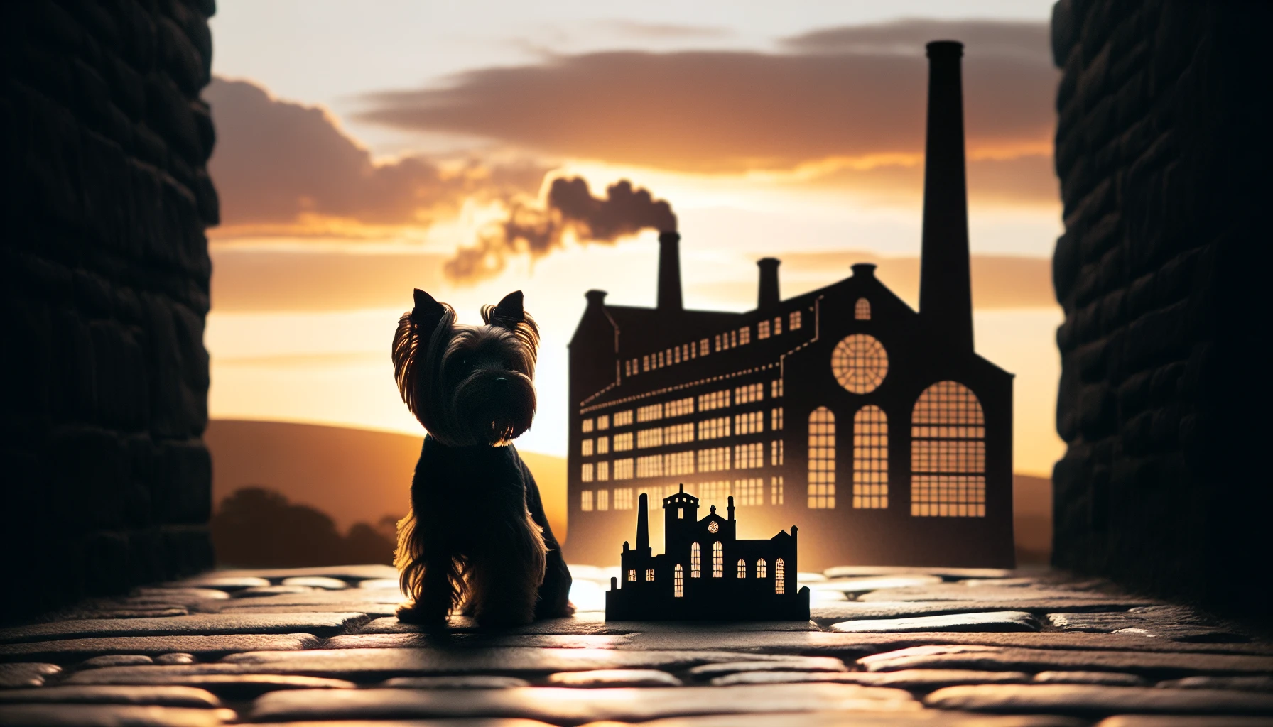 Silhouette of a Yorkshire Terrier against a historical backdrop