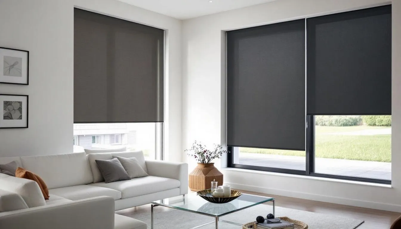 In the image, a modern living room is showcased with large windows featuring motorized blackout shades, demonstrating both their open and closed positions. The design highlights the efficient use of space and the ability to control light and privacy, making it an ideal solution for comfort and relaxation in the home.