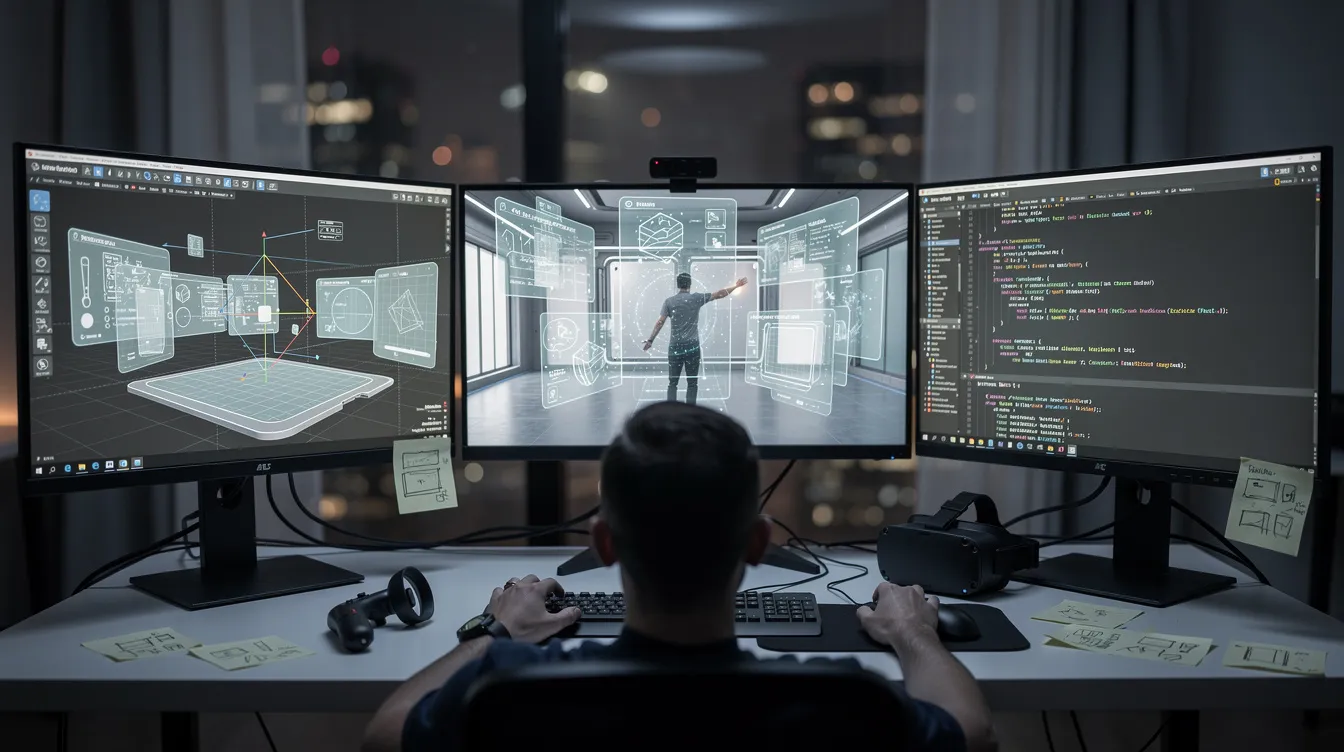 A developer creating spatial interfaces surrounded by monitors with 3D models and code