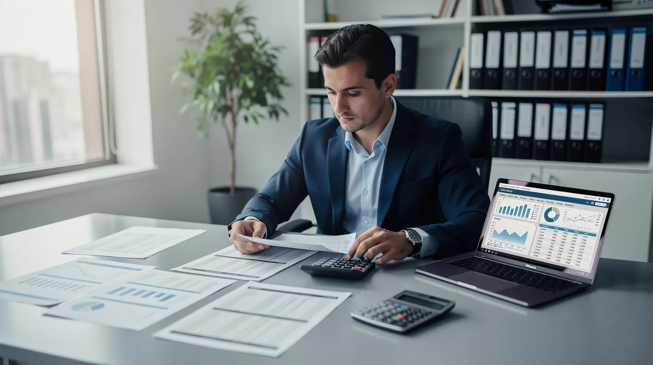 A financial consultant is seated at a desk, analyzing spreadsheets and financial documents with a calculator and laptop in front of them. This scene highlights the importance of financial analysis in the healthcare sector, particularly in eye hospitals, to assess key factors that influence capital costs and investment in services like cataract surgeries and refractive surgery.