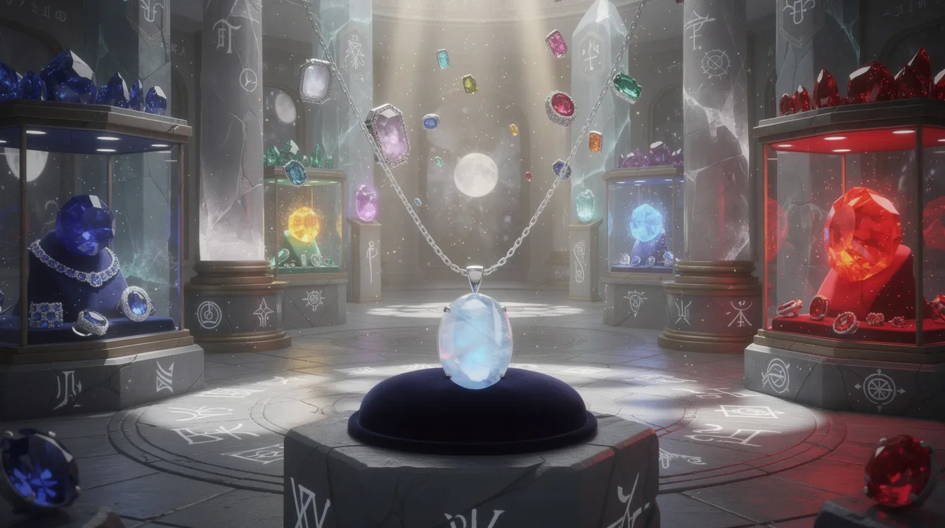 The image showcases a stunning moonstone necklace, featuring a beautifully polished gemstone that reflects light with a magical glow. Surrounding the necklace are various other gemstones, each displaying their unique colors and energy, inviting viewers to explore the enchanting world of jewelry and the stories behind these beautiful stones.