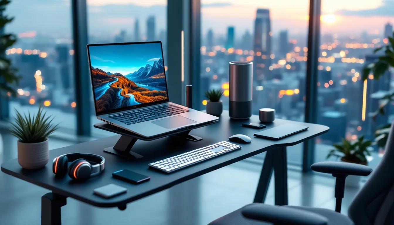 Équipement informatique essentiel pour le télétravail avec un ordinateur portable et ses accessoires.