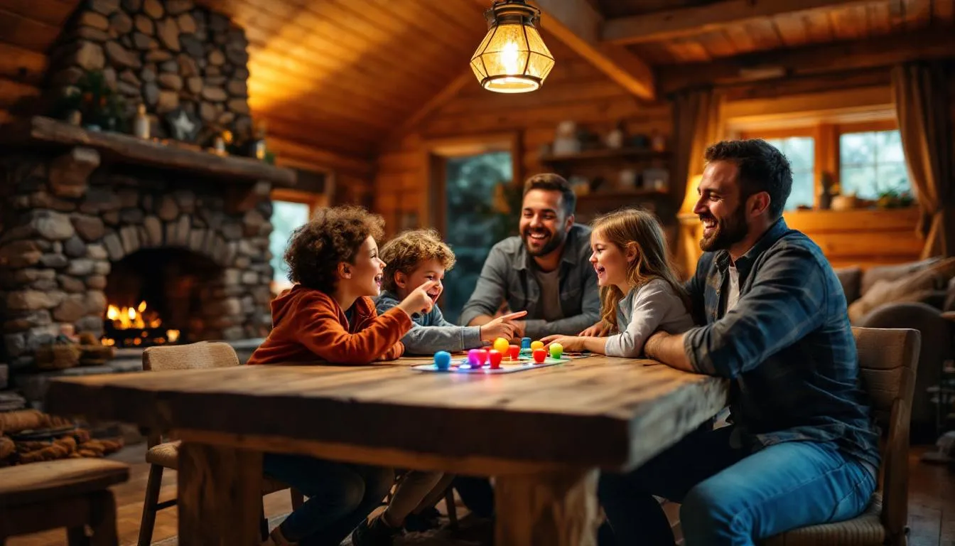 A happy family is gathered around a game table in a cozy rustic cabin interior, with children joyfully playing arcade games. The warm atmosphere reflects the charm of vacation rentals at Brian Head, perfect for family bonding and fun during their stay in the mountains.