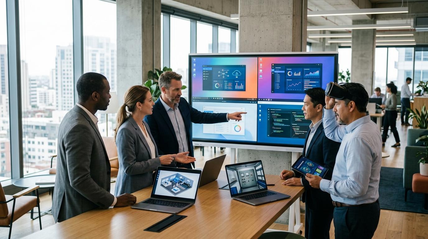 Business leaders comparing several cloud-powered technical training solutions represented by unique virtual desktop and interactive lab environments.