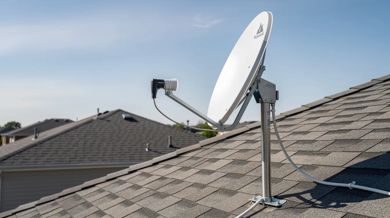 A professional satellite dish is securely mounted on a residential rooftop under a clear blue sky, showcasing a setup ideal for receiving signals for DSTV services, including the DSTV Explora. The installation features a smart LNB, suggesting enhanced connectivity for streaming apps and high-definition content.