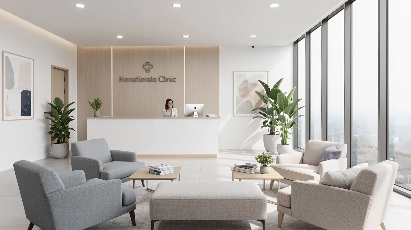The image depicts a modern medical office reception area featuring comfortable seating and ample natural light, creating a welcoming environment for patients seeking hormone replacement therapy. This space is designed to ensure a pleasant experience for individuals addressing various symptoms related to hormonal imbalances, such as menopausal symptoms and mood changes.